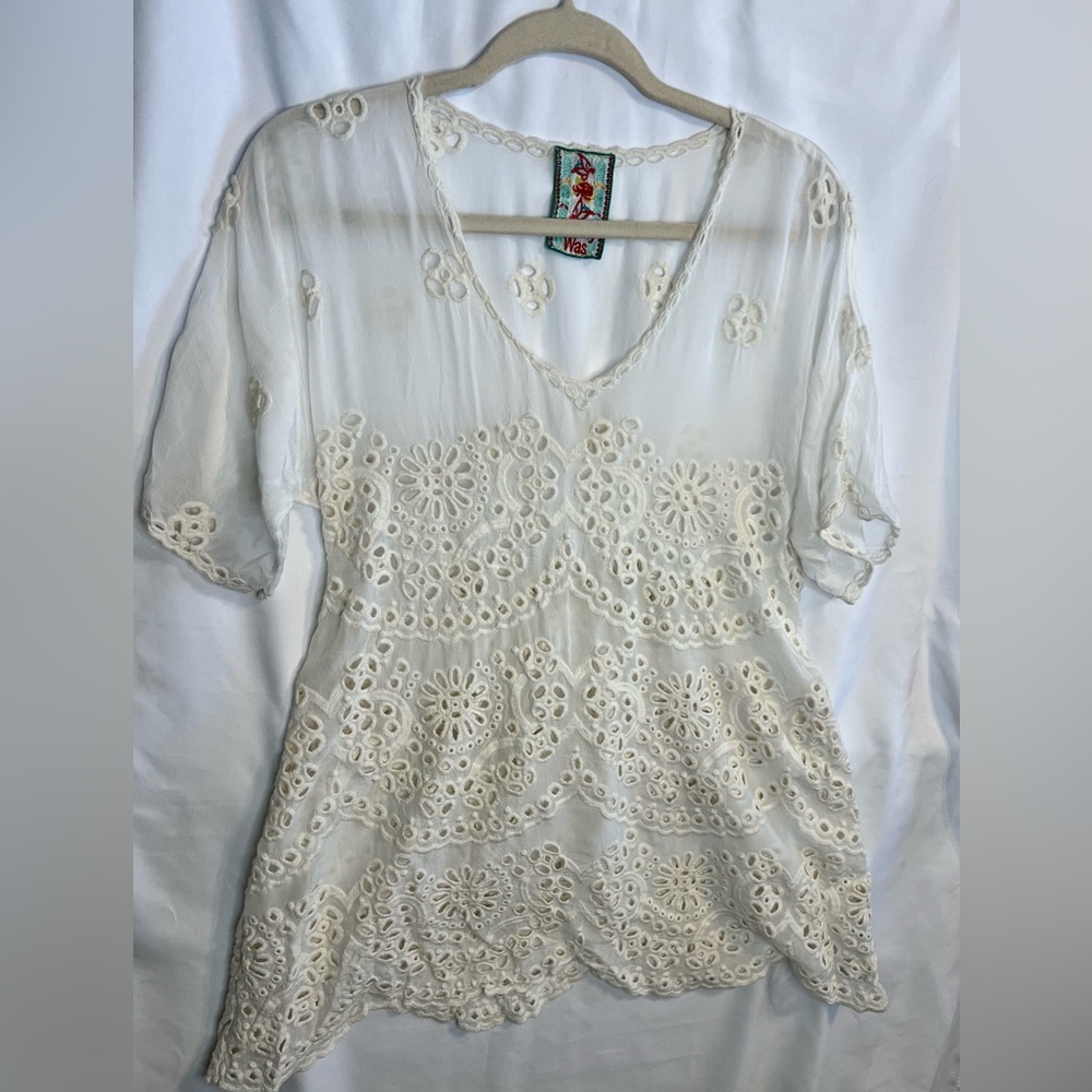 Johnny Was Womens Ivory Through Eyelets Scalloped Hem Top Short Sleeves Size XS